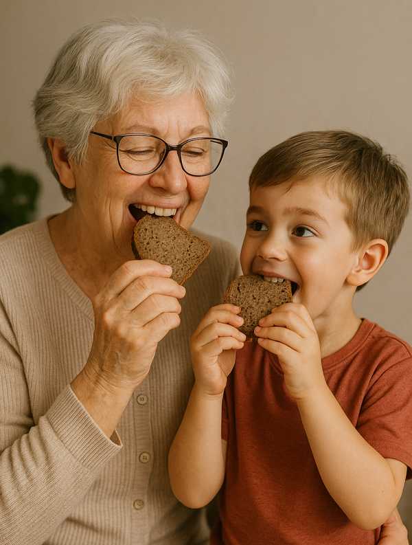 Bunică și nepot mâncând pâine sănătoasă împreună